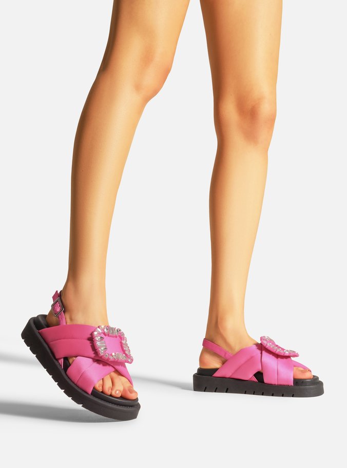 Sandália Papete Rosa Cetim Flatform Pedraria