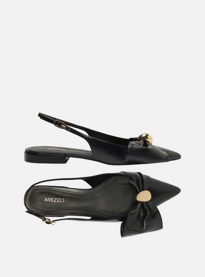 Sapatilha Preta Couro Slingback Laço Metal