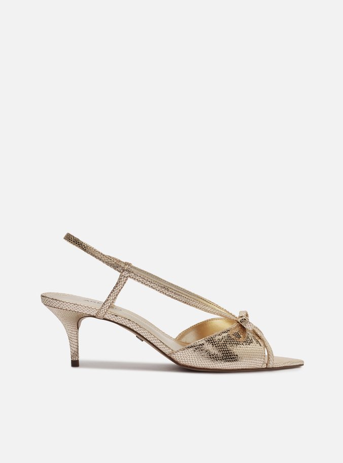Sandália Dourada Salto Fino Slingback Snake Laço