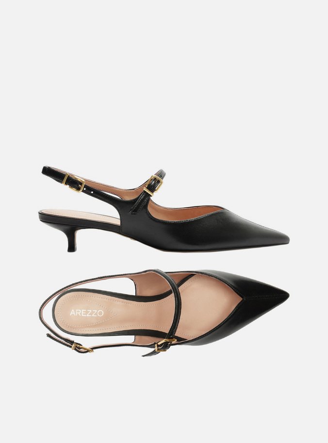 Sapato Boneca Preto Couro Bico Fino Slingback