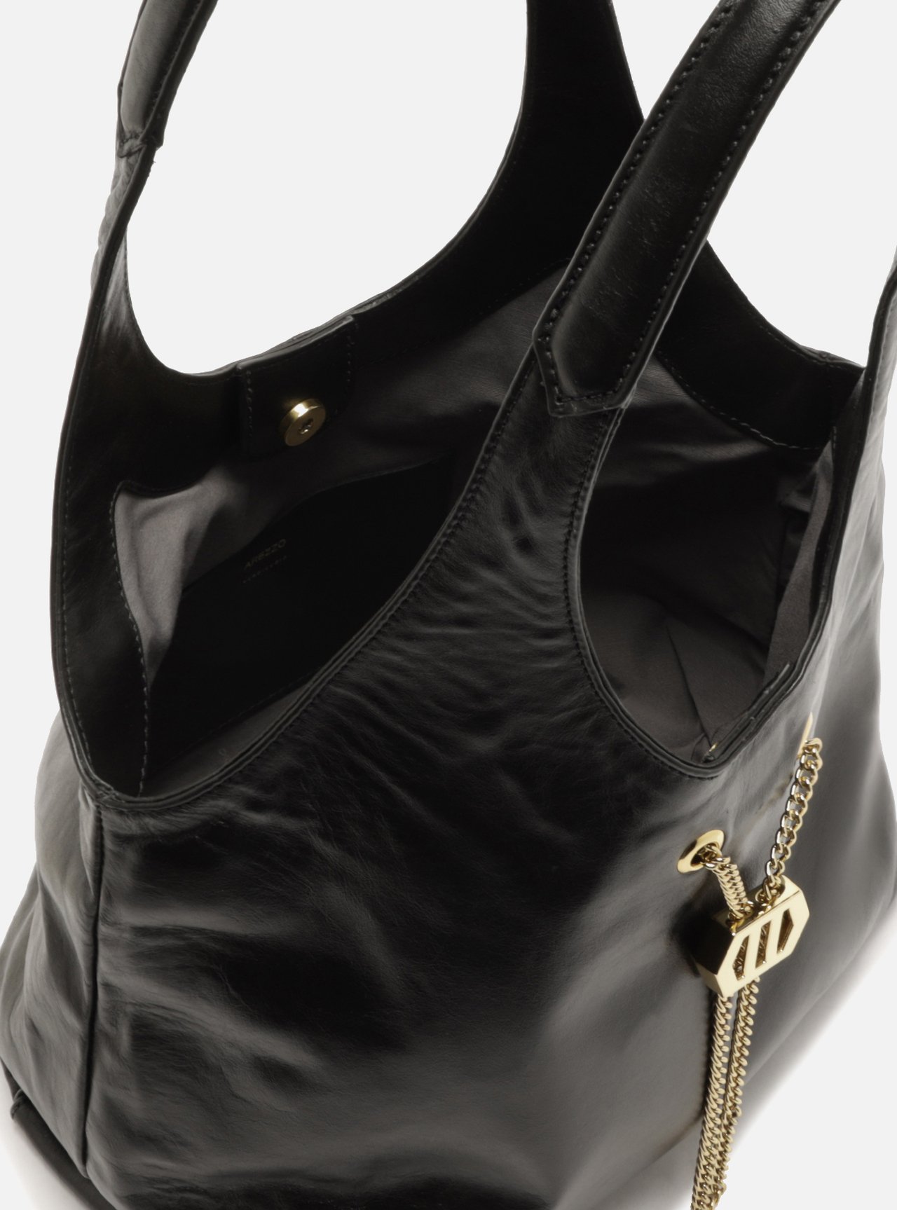 Bolsa Hobo Preta Couro Grande Corrente Dourada — foto 4