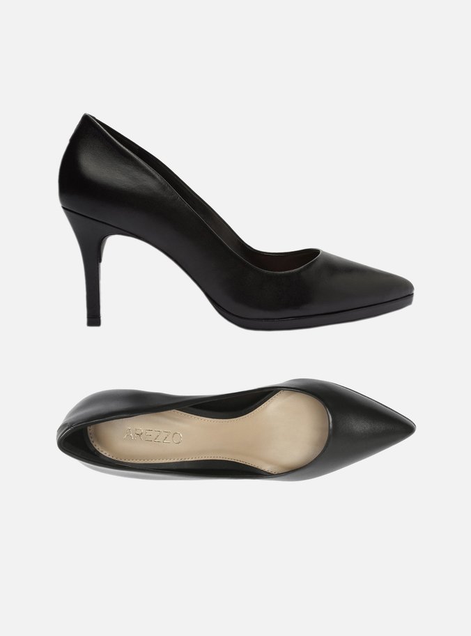 Scarpin Preto Couro Salto Médio Fino Básico