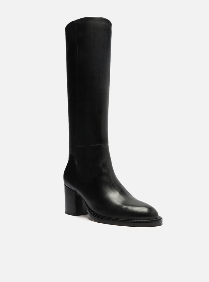 Bota Preta Couro Cano Longo Salto Bloco Montaria