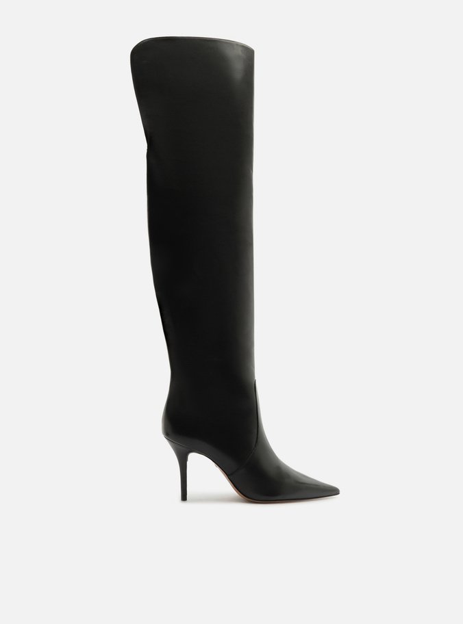 Bota Preta Couro Over Knee Salto Fino