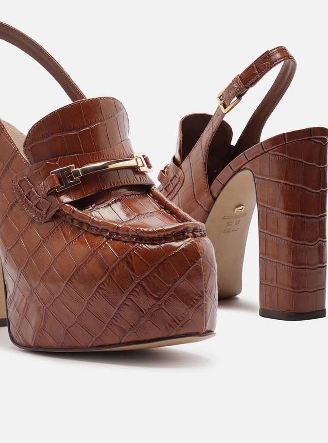 Loafer Marrom Croco Salto Bloco Meia Pata
