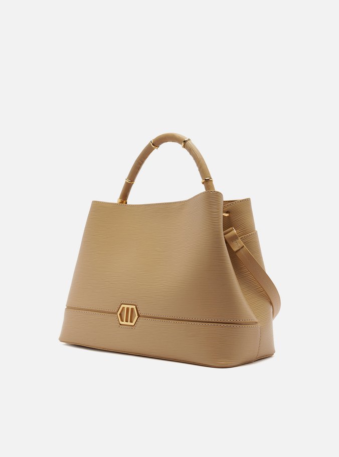 Bolsa Tote Bege Couro Grande Anéis