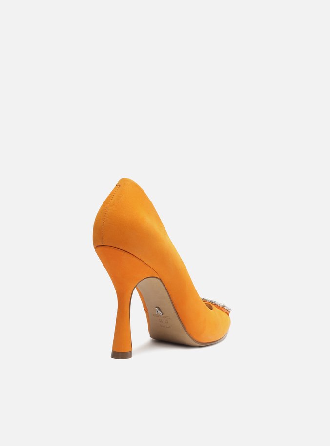 Scarpin Laranja Nobuck Bico Fino Pedraria