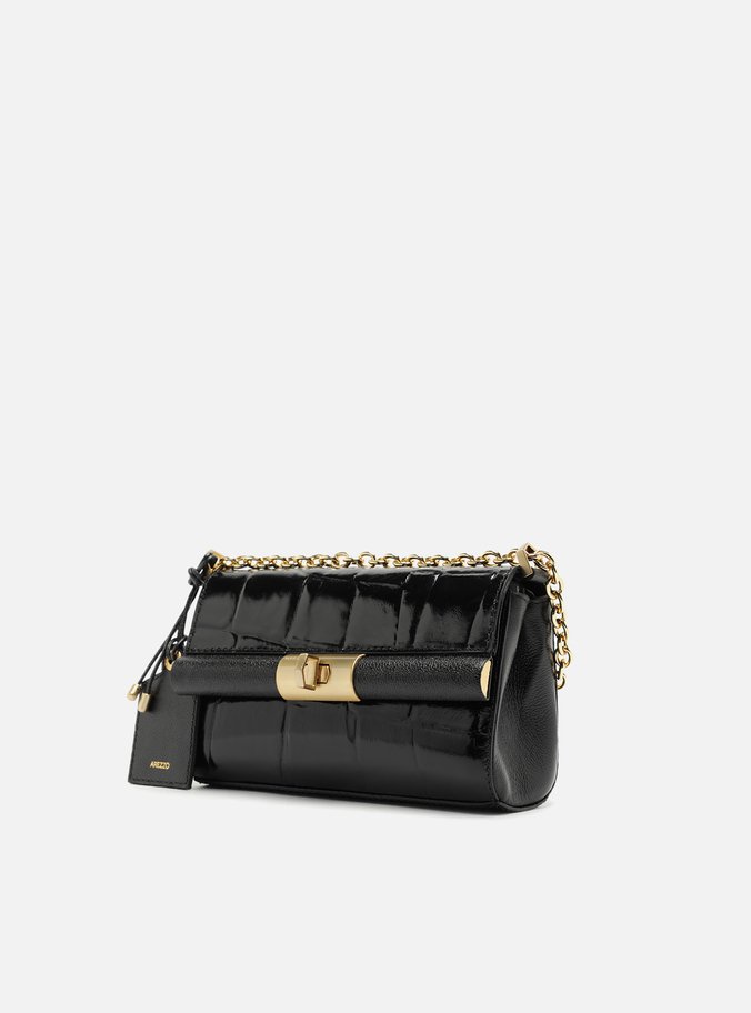 Bolsa Tiracolo Preta Couro Maxi Croco Pequena