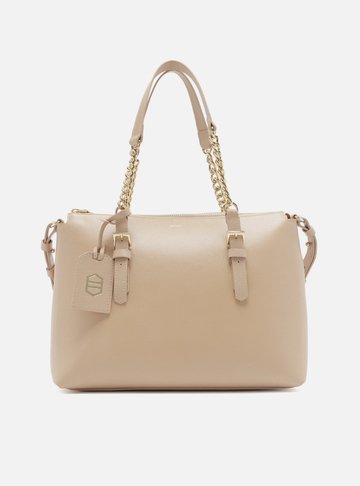 Bolsa Tote Bege Couro Grande Alça Corrente