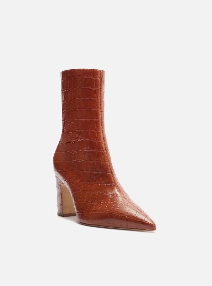 Bota Marrom Croco Cano Médio Bico Fino Zíper