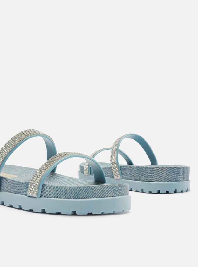 Sandália Rasteira Azul Jeans Tratorada Strass Brizza