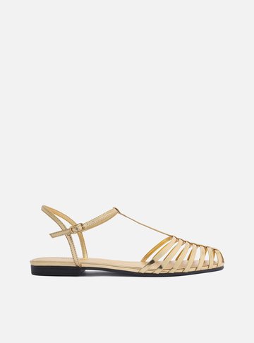 Sandália Rasteira Dourada Tiras Fivela