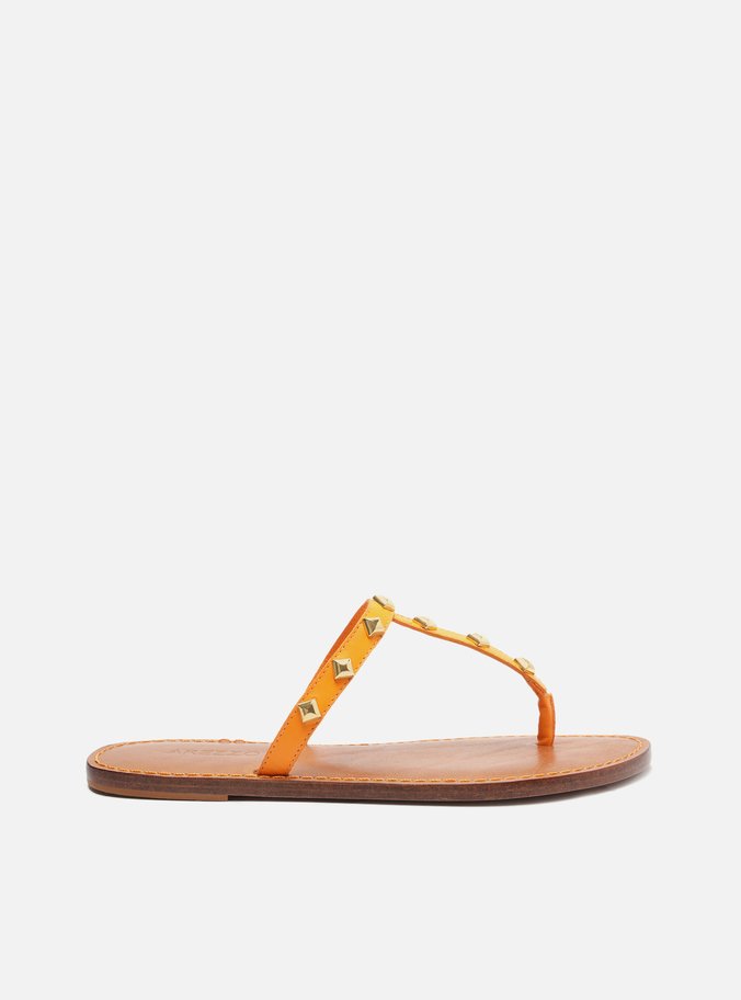 Sandália Rasteira Laranja Couro Slim Studs Ella