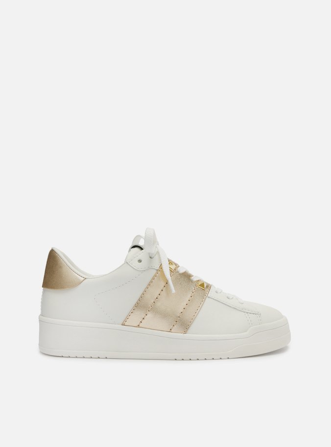 Tênis Branco Couro Detalhe Lateral Dourado