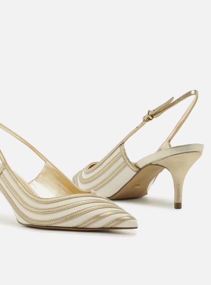 Scarpin Dourado Bicolor Salto Kitten Slingback