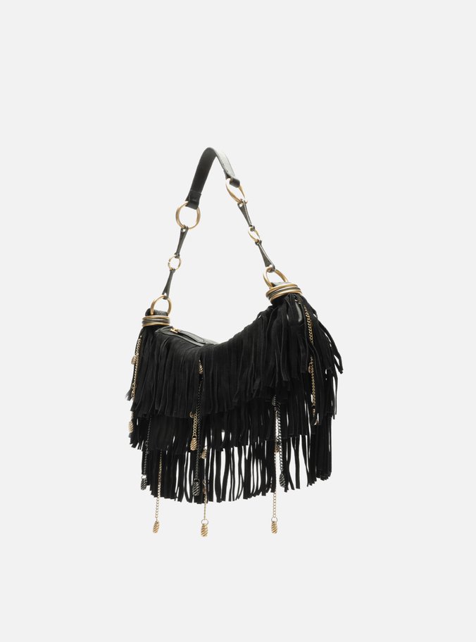 Bolsa Hobo Preta Camurcina Pequena Franjas