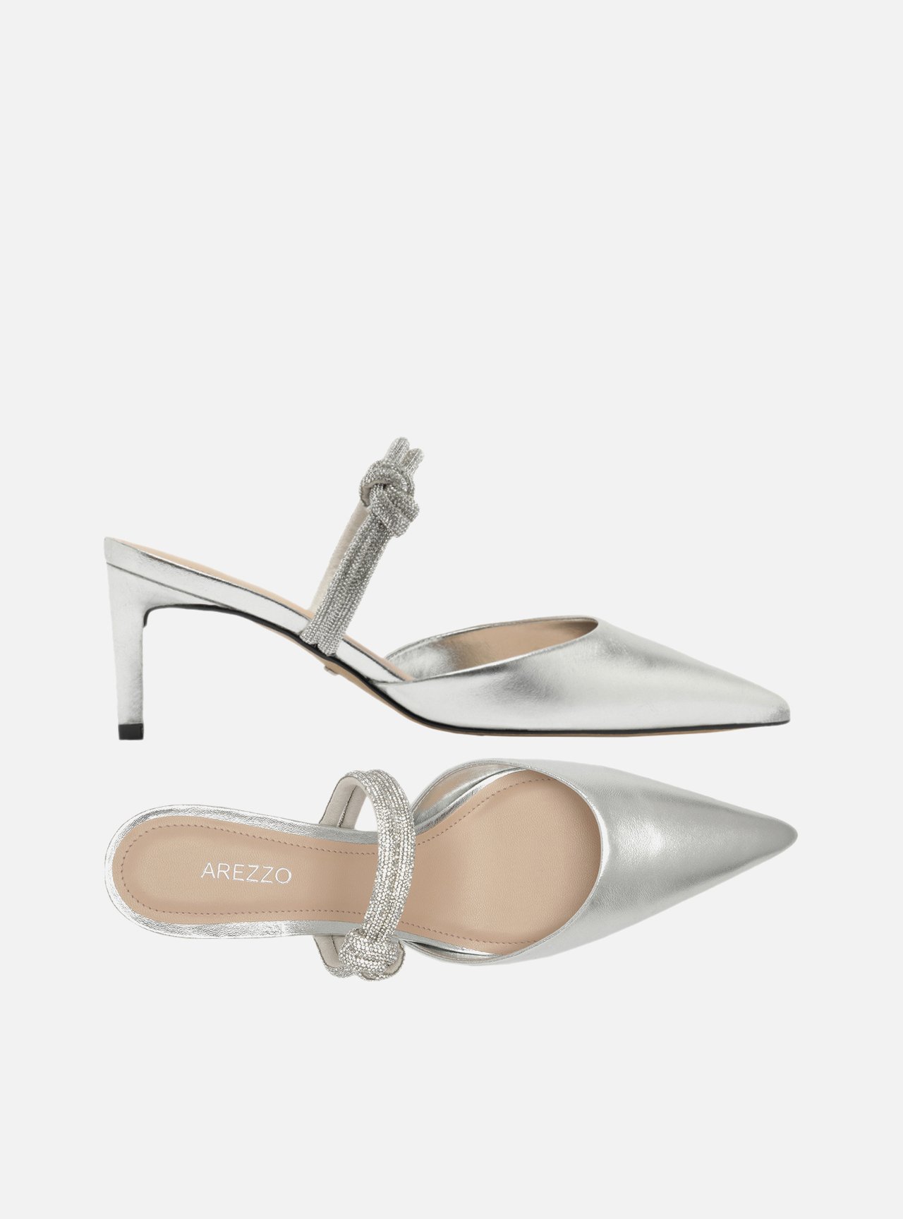 Scarpin Prata Couro Aberto Tiras Strass — foto 5