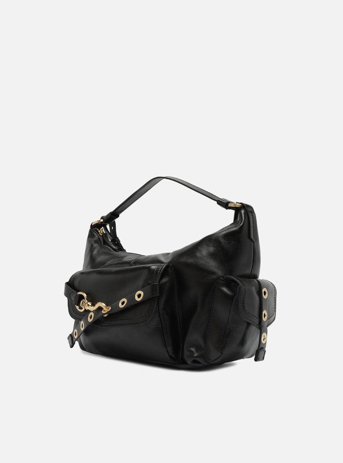 Bolsa Hobo Preta Couro Média Tira Ilhós