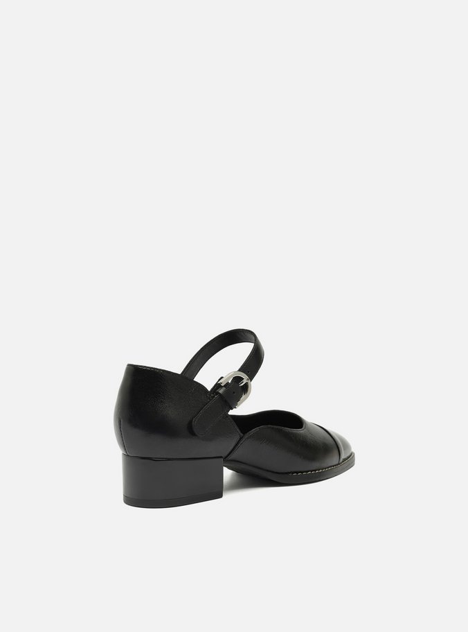 Sapato Boneca Preto Couro Bloco Cap Toe