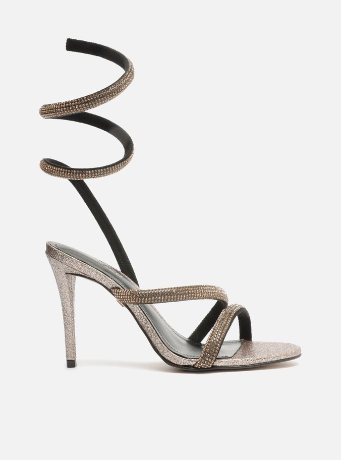 Sandália Dourada Salto Fino Espiral Glitter Strass Gigi