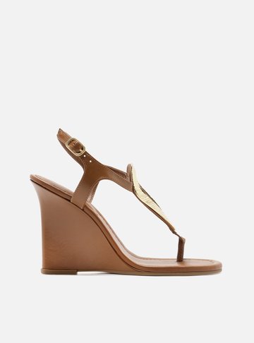 Sandália Marrom Couro Anabela Metal Textura