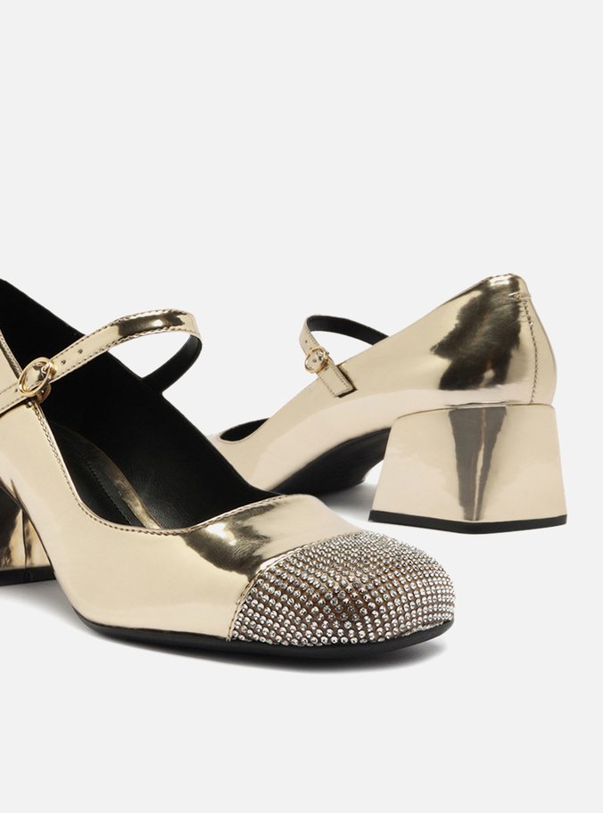 Sapato Boneca Dourado Salto Bloco Strass
