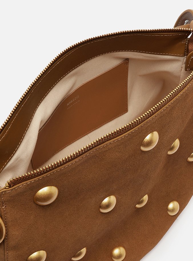 Bolsa Tiracolo Marrom Couro Acamurçado Grande Tachas