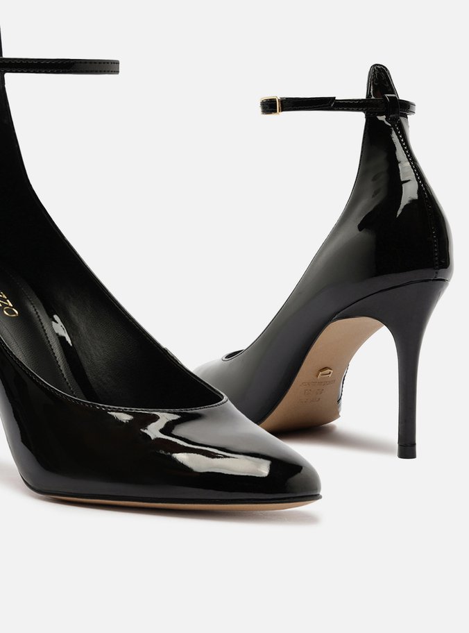 Scarpin Preto Verniz Salto Alto Fino Tira