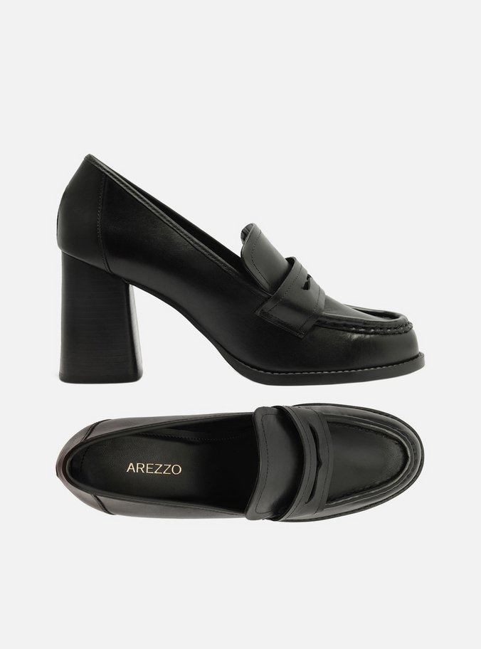 Loafer Preto Couro Salto Bloco Tira
