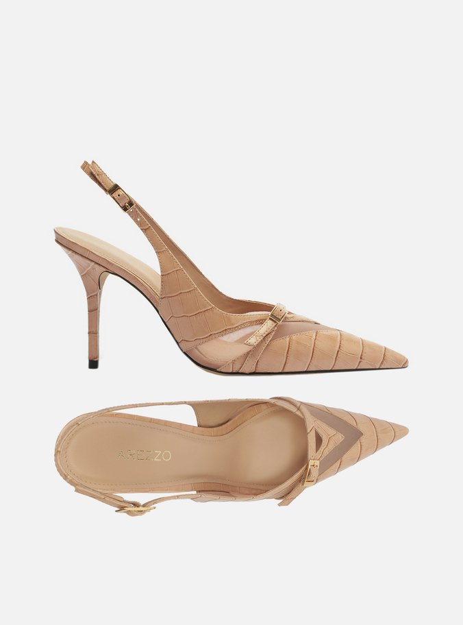 Scarpin Rosa Croco Salto Alto Slingback Tela