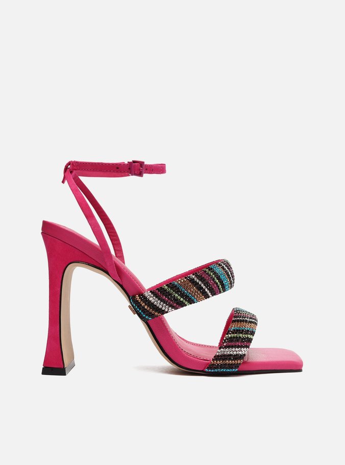Sandália Rosa Bico Quadrado Tiras Strass