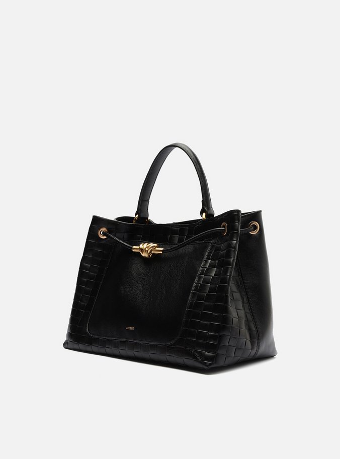 Bolsa Tote Preta Couro Tressê Grande Nó Metal