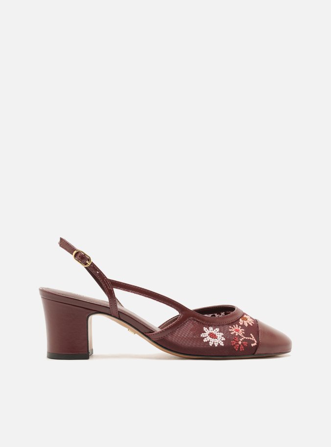 Scarpin Bordô Salto Bloco Slingback Flores Bordadas