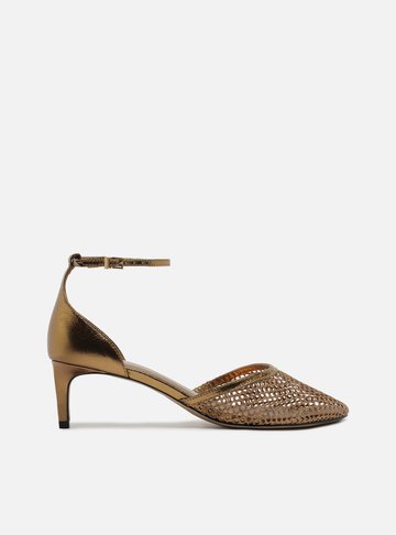 Scarpin Bronze Salto Baixo Fino Aberto Tela