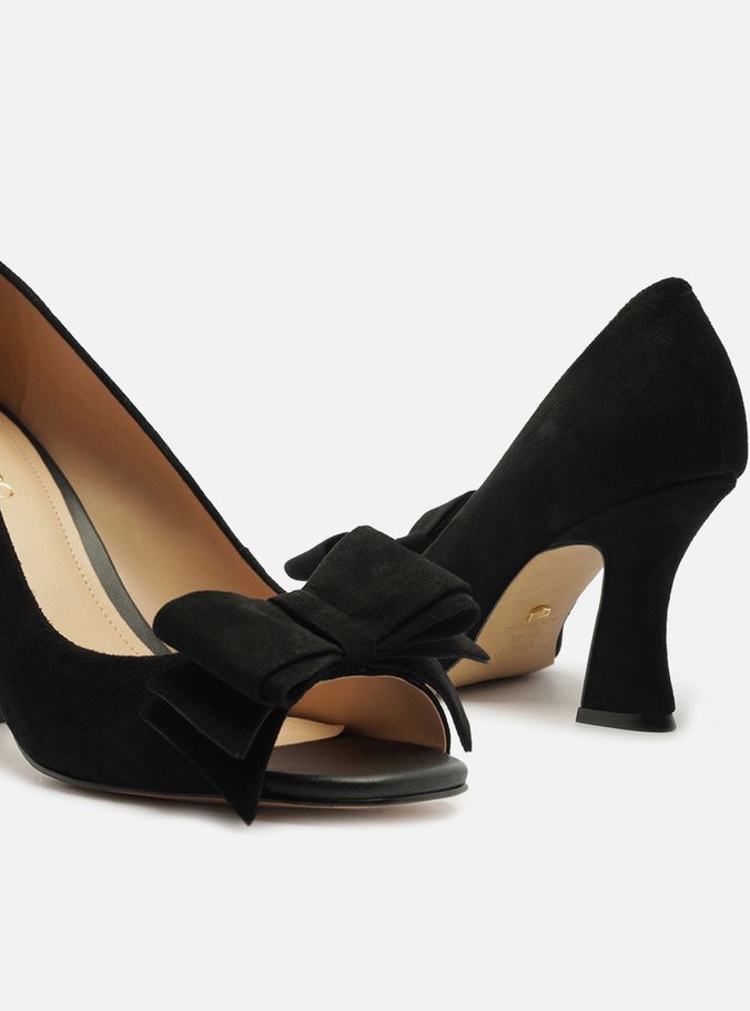 Peep Toe Preto Camurça Salto Médio Laço