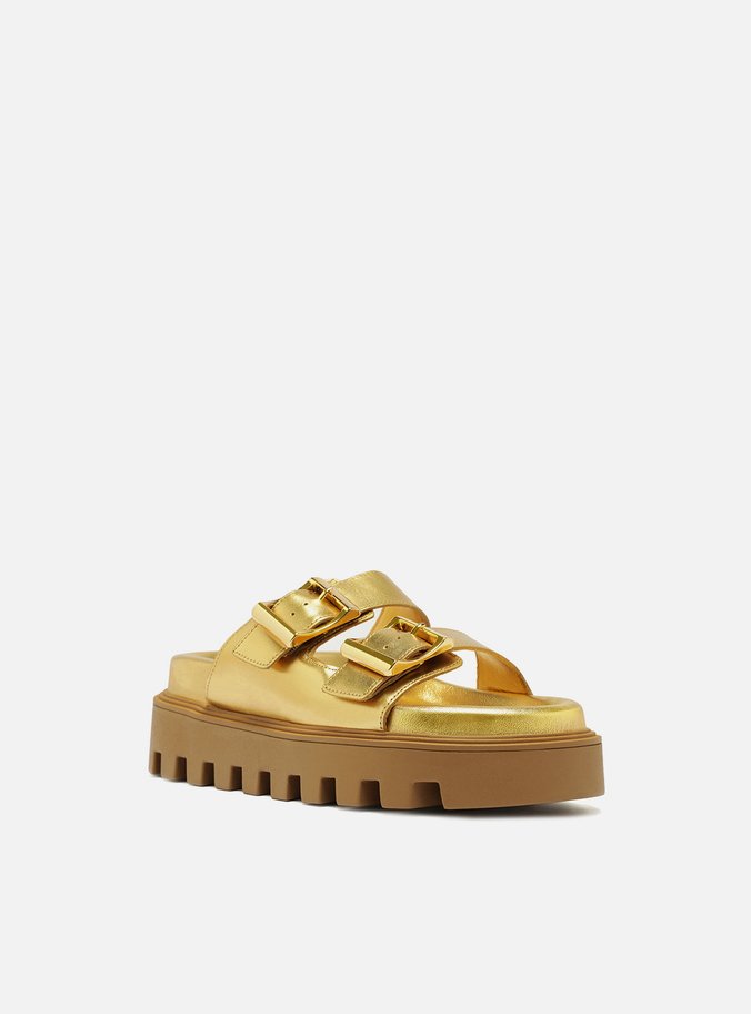 Sandália Metalizada Couro Flatform Tratorada