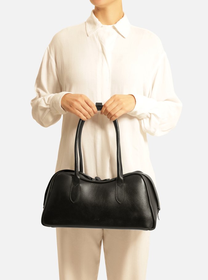 Bolsa Bowling Preta Couro Grande Zíper Duplo