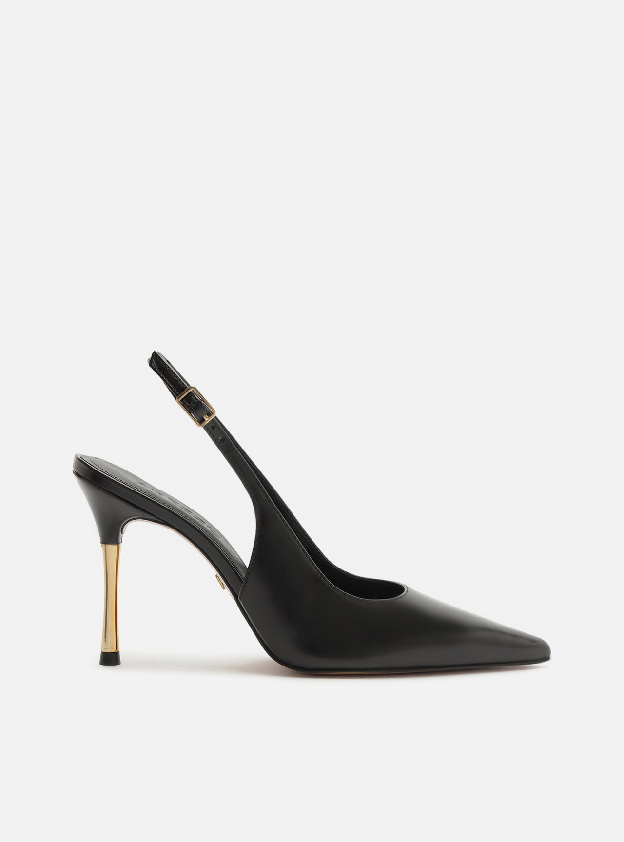 Scarpin Preto Couro Salto Fino Dourado — foto 1