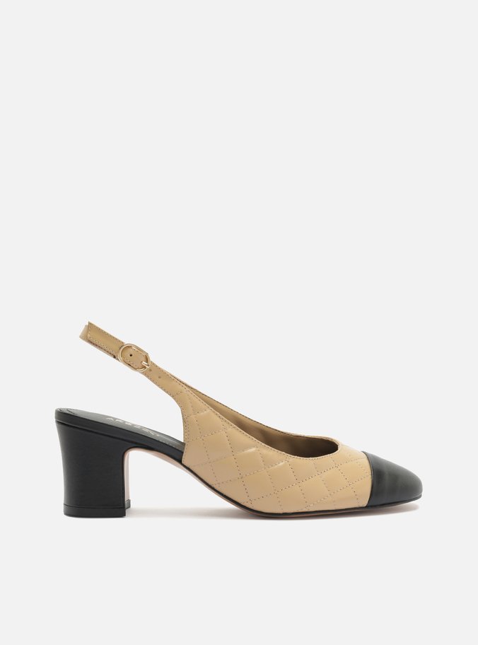 Scarpin Marrom Couro Bico Redondo Matelassê Slingback Cap Toe Preto