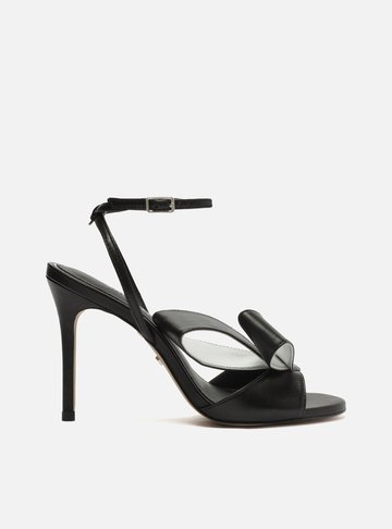 Sandália Preta Couro Salto Alto Fino Tiras