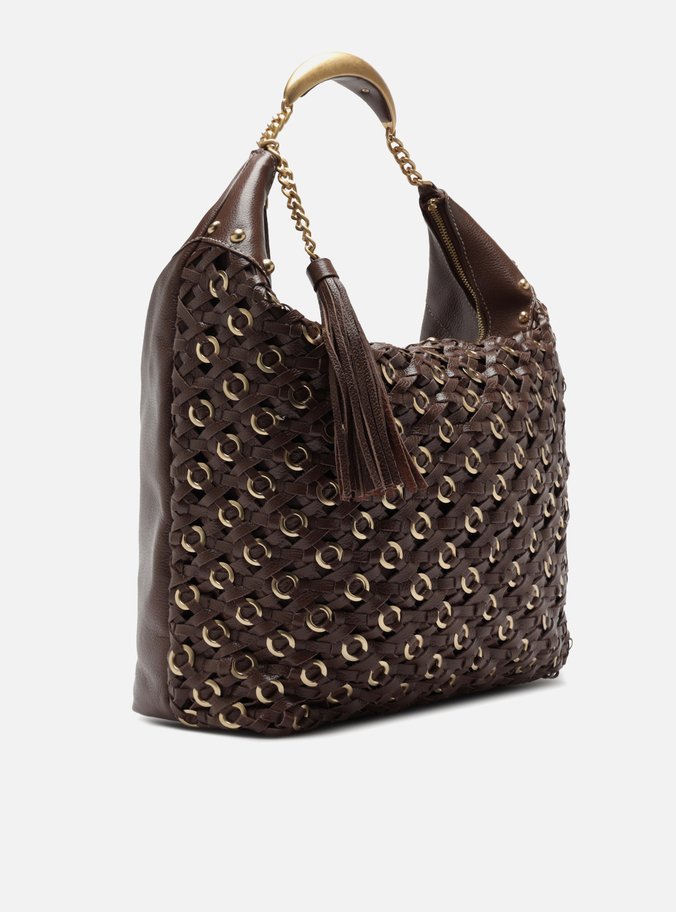 Bolsa Hobo Marrom Couro Tressê Metais Grande