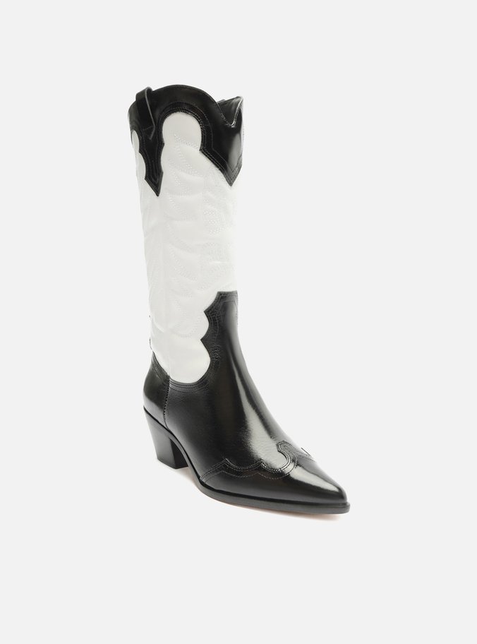 Bota Preta Couro Cano Médio Western Branca