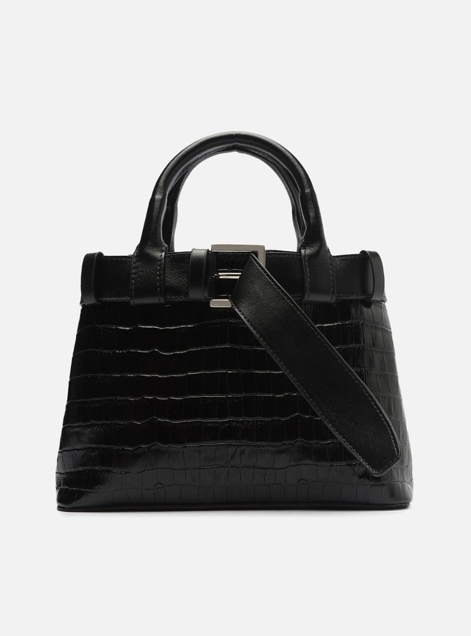 Bolsa Tote Preta Couro Croco Média Fivela