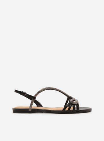 Sandália Rasteira Preta Tira Curva Pedrarias