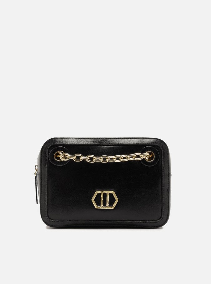 Bolsa Tiracolo Preta Couro Média Metal Geométrico