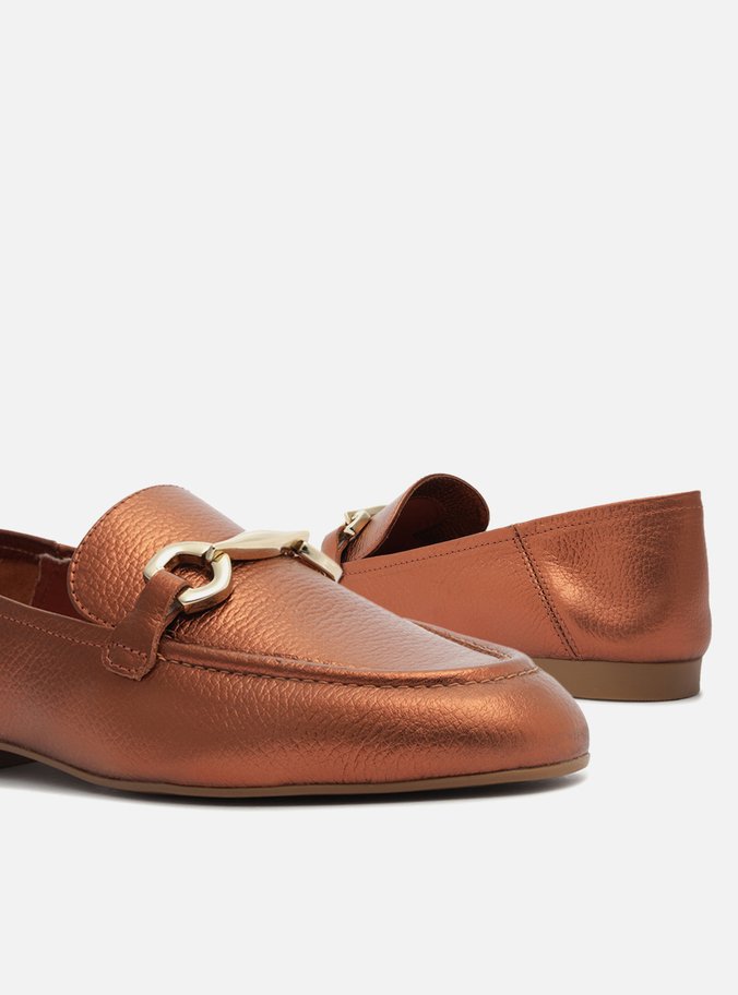 Mocassim Laranja Metal Couro Bridão Metálico Luma