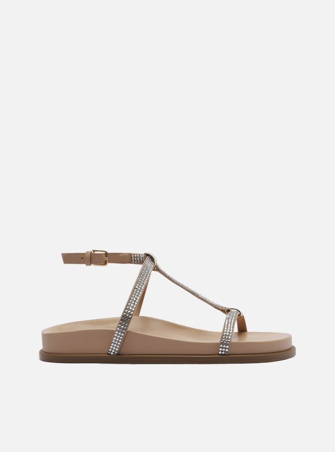 Sandália Papete Bege Couro Strass Elos Metálicos
