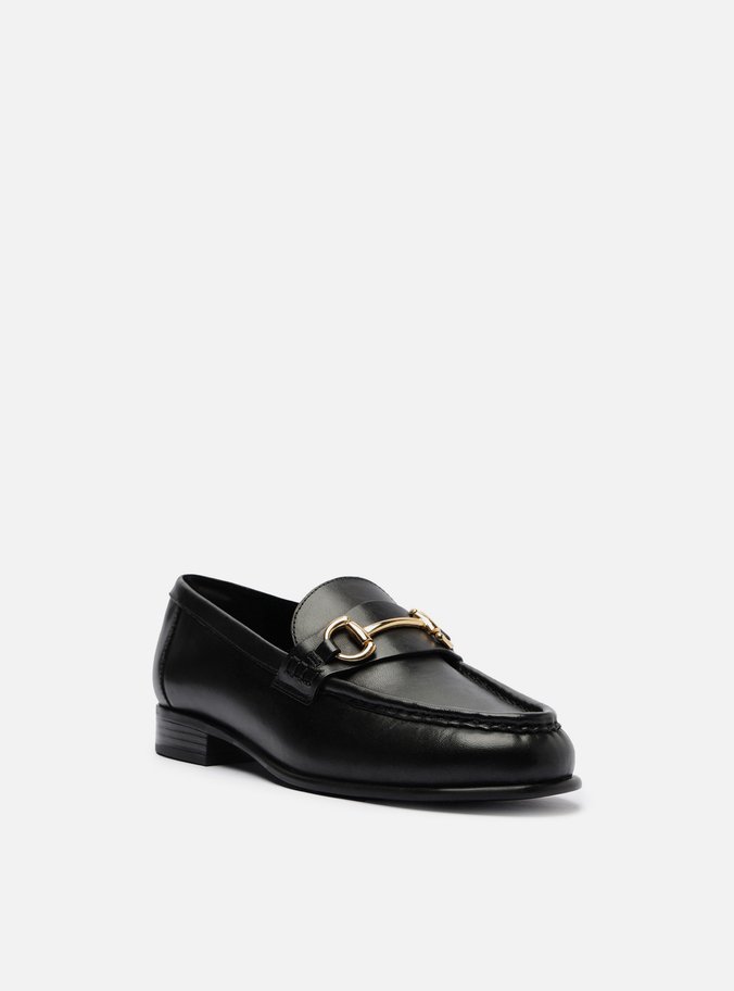 Mocassim Preto Couro Tira Bridão Metálico