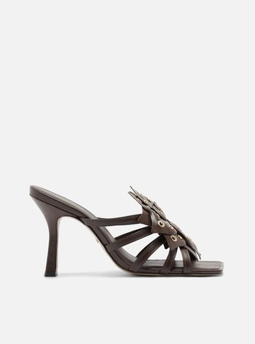 Sandália Marrom Couro Salto Alto Tiras Flor