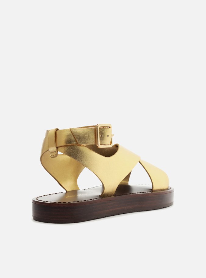 Sandália Dourada Couro Flatform Tiras Largas